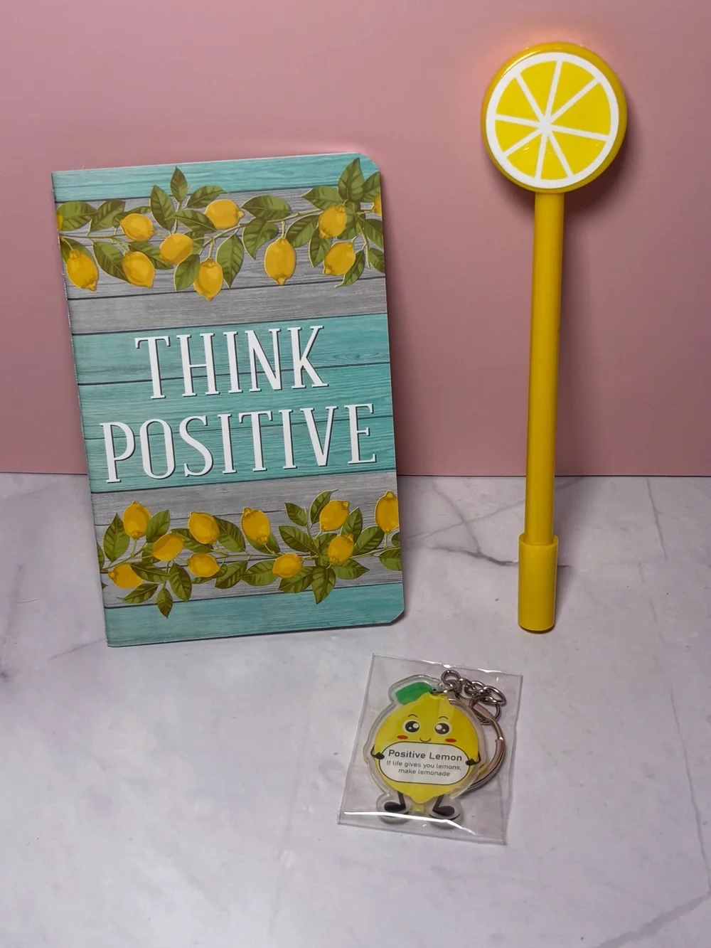 Lemon Print ‘Think Positive’ Mini Notebook, Pen and Keychain